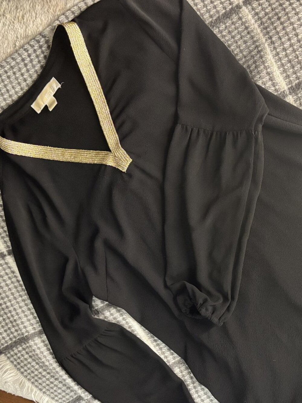 Michael Kors Black Long Sleeve Blouse Gold Collar Trim Size M